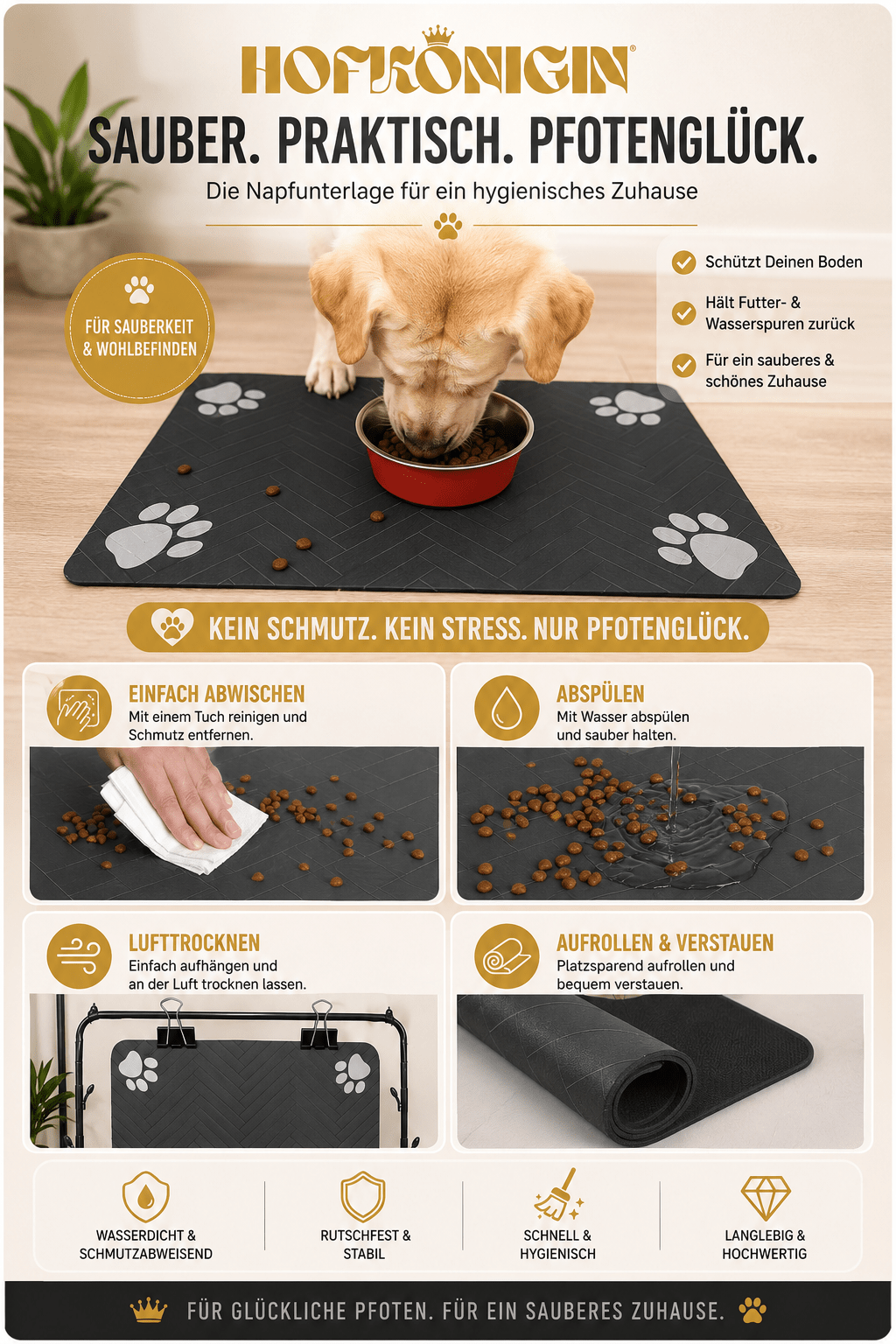 Saugfähige Futtermatte für Hunde & Katzen – wasserdichte Napfunterlage